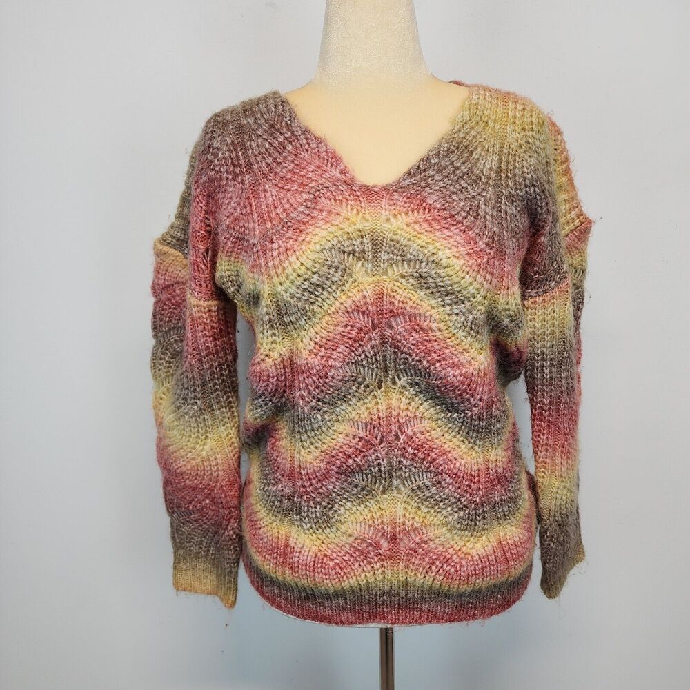 Gigio Womens Ombre Rainbow Chunky Sweater Size S V-neck Oversized Wool Boho Chic